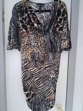 Frank Lyman Design Animal Print Cowl Neck Tunic in Black and Tan